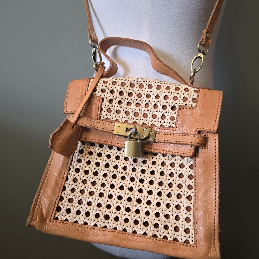 Woven Rattan and Leather Kelly Crossbody Bag